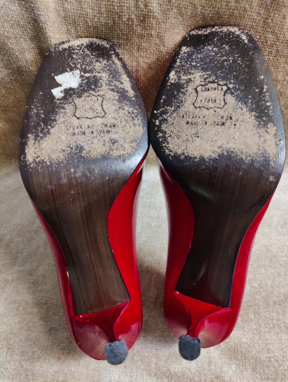 Stuart Weitzman Red Patent Peep-Toe Heels, Size 9 - Picture 10 of 14